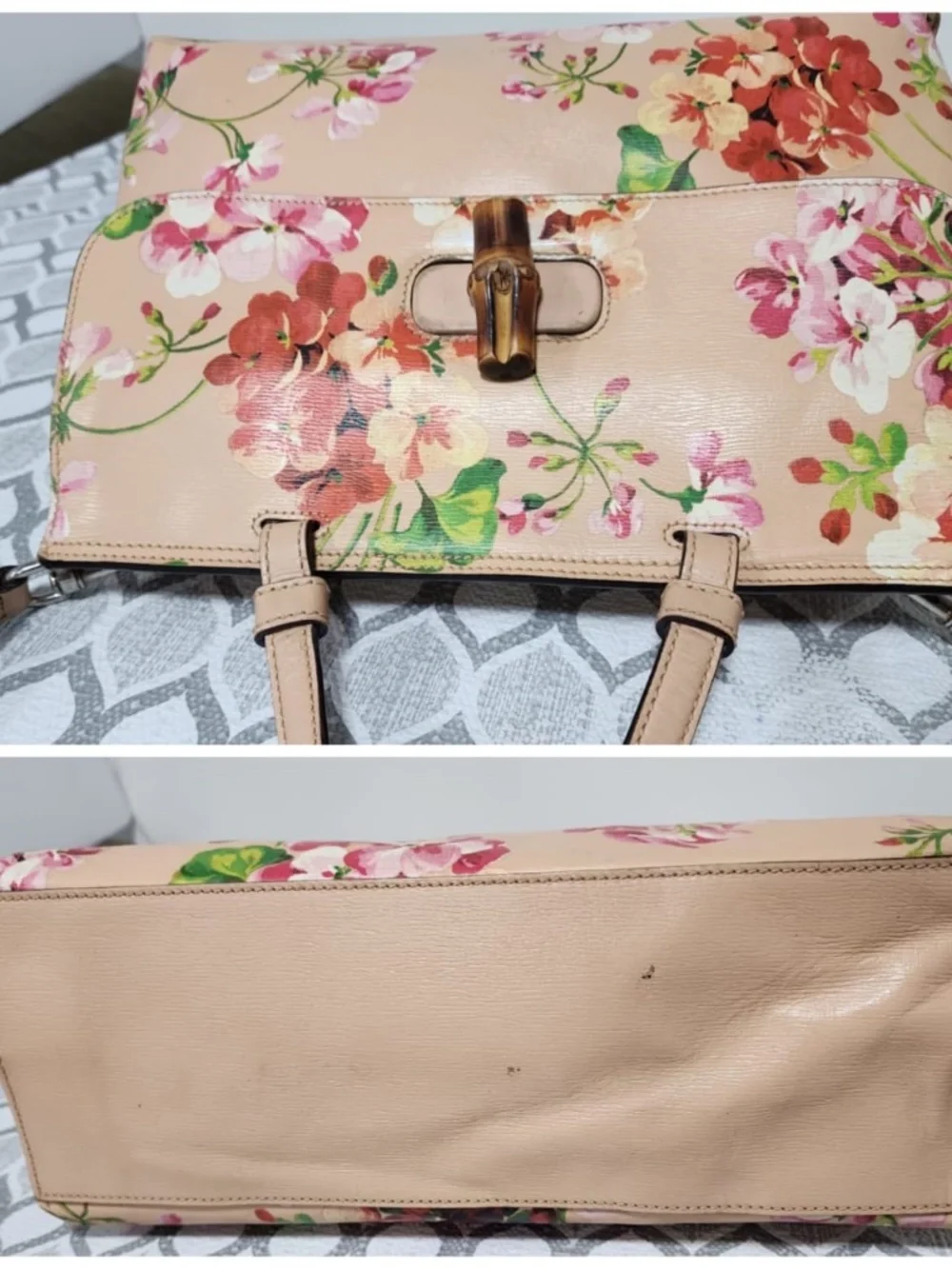 Authentic GUCCI Shangai Calfskin Blooms Print Small Bamboo Daily Top Handle Bag